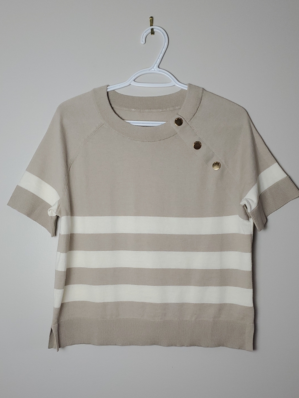 Michael Kors Beige & Cream Striped Short Sleeve Sweater Sz M Career Business